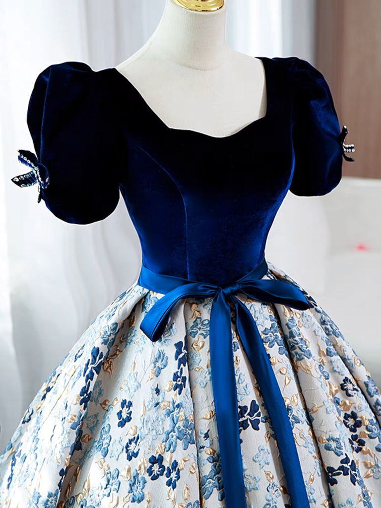 
                  
                    A-Line Puff Sleeves Velvet Satin Blue Long Prom Dress, Blue Long Evening Dress
                  
                