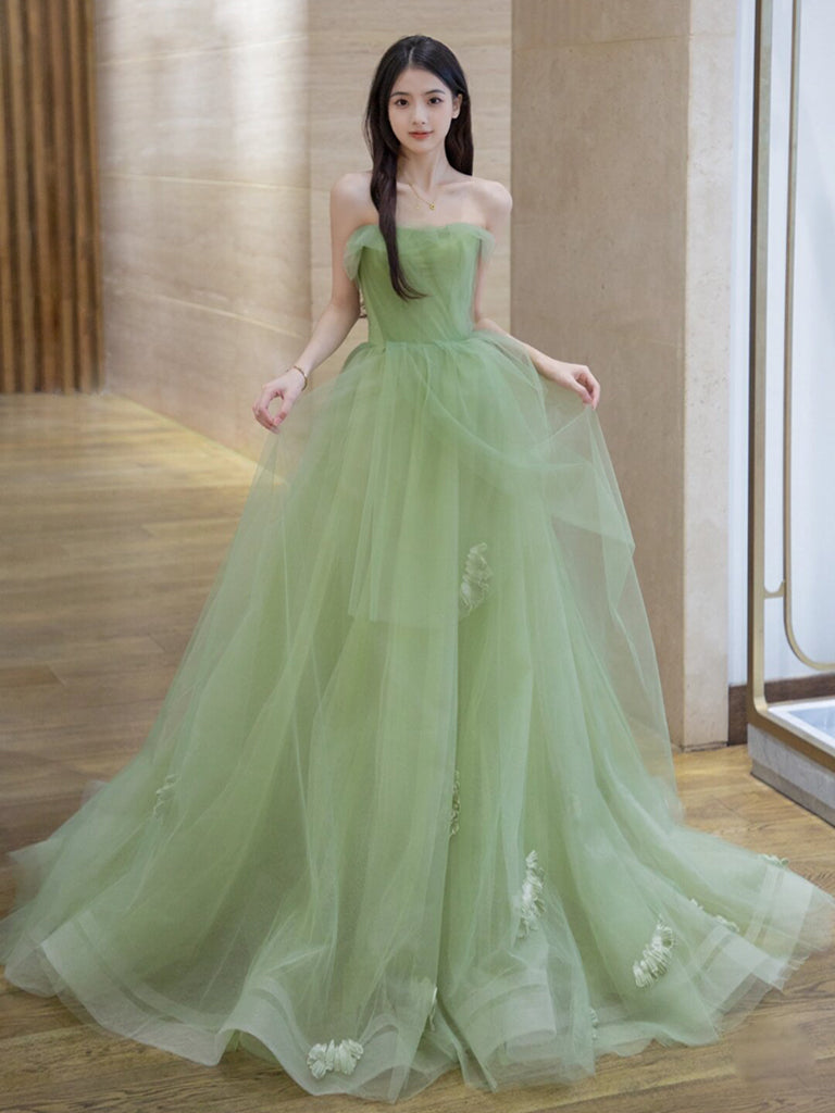 A-Line Tulle Lace Green Long Prom Dress, Green Long Evening Dress