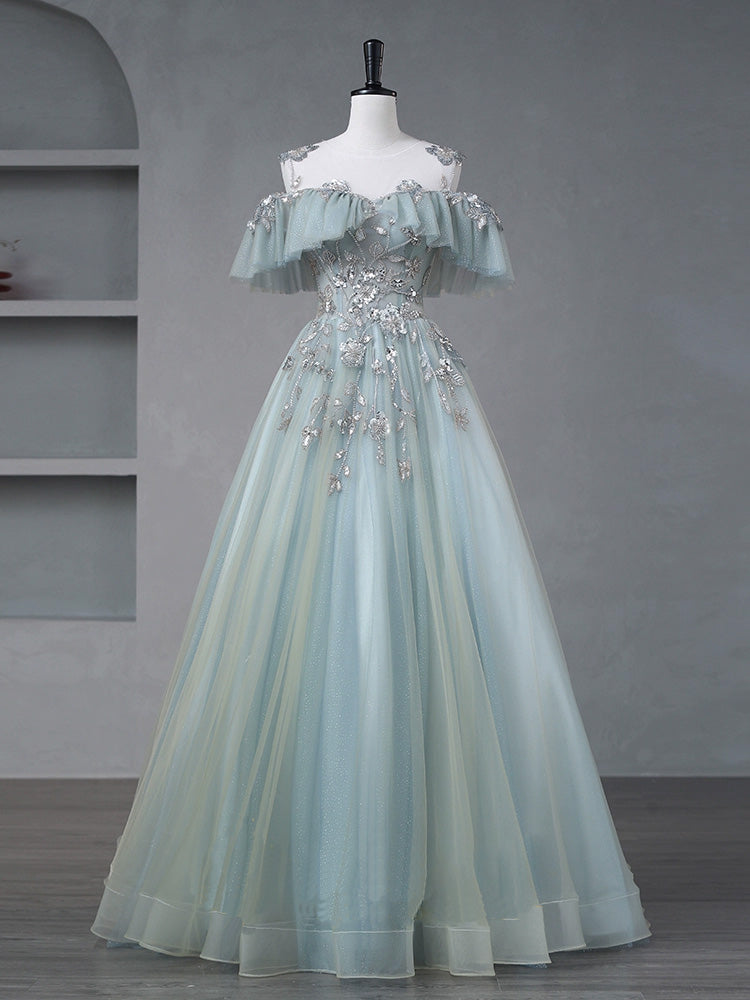 
                  
                    A-Line Blue Tulle Sequin Lace Long Prom Dress, Blue Formal Dress
                  
                