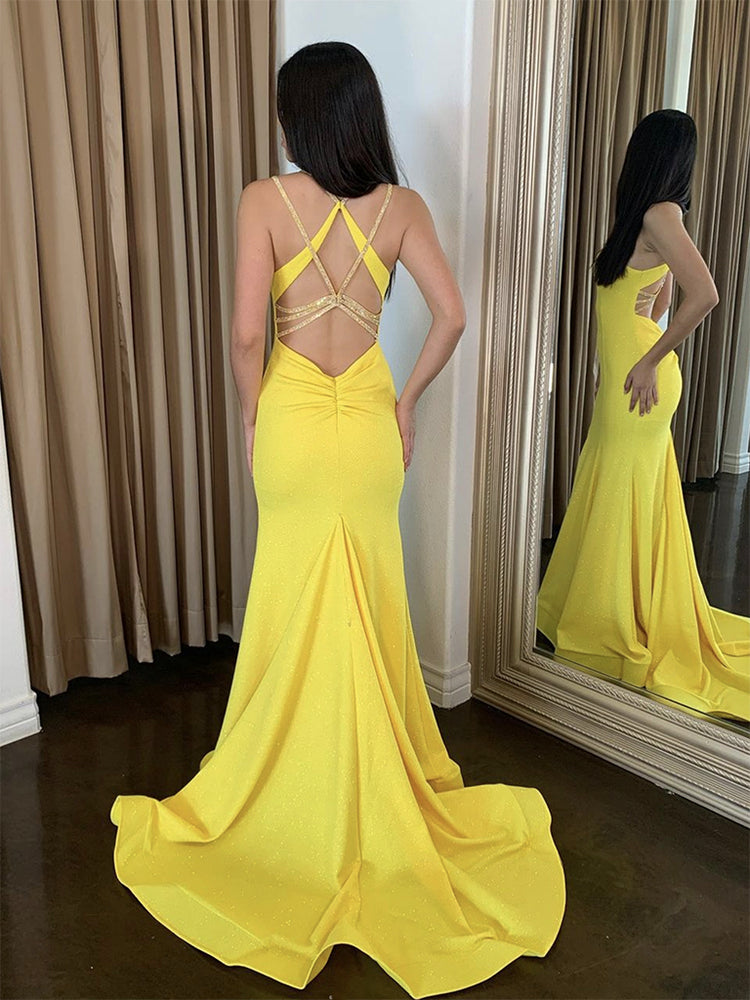 Simple Mermaid Satin Yellow Long Prom Dress, Yellow Long Formal Dress