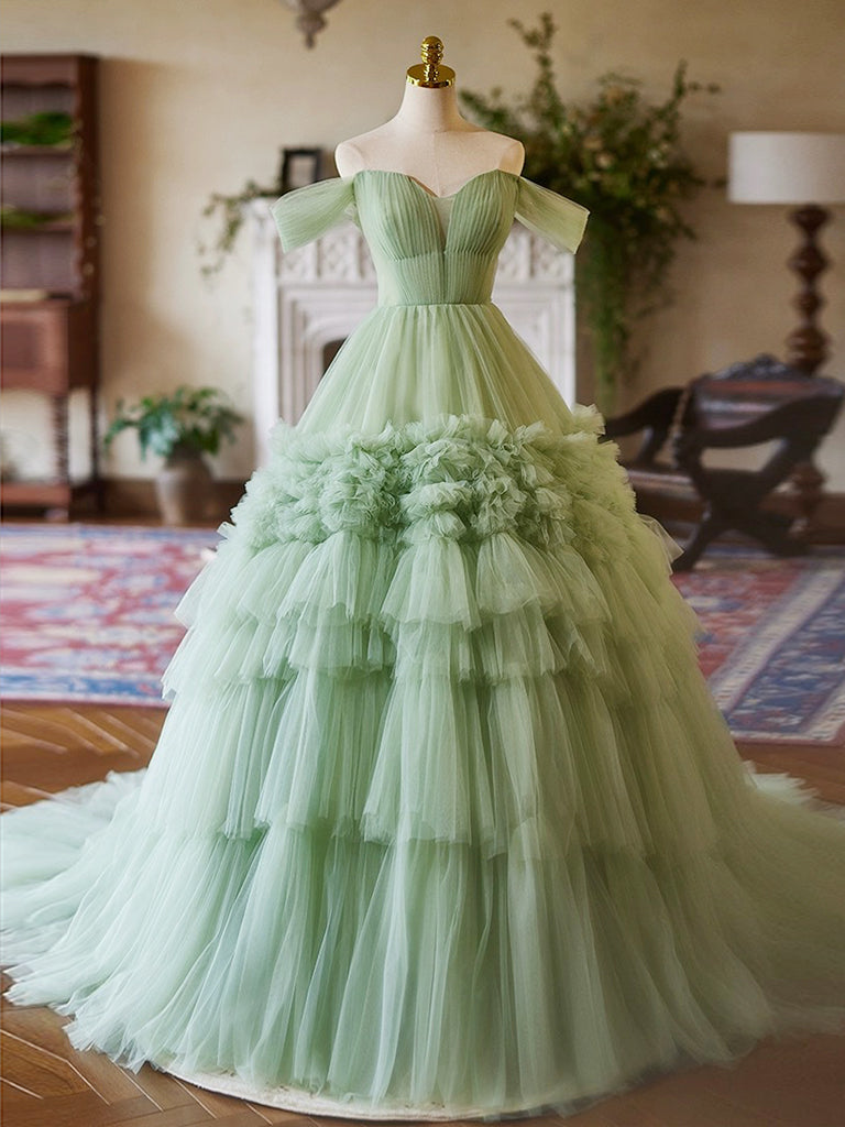 A-Line Off Shoulder Sweetheart Neck Tulle Green Long Prom Dress shdress A-Line Off Shoulder Sweetheart Neck Tulle Green Long Prom Dress shdress