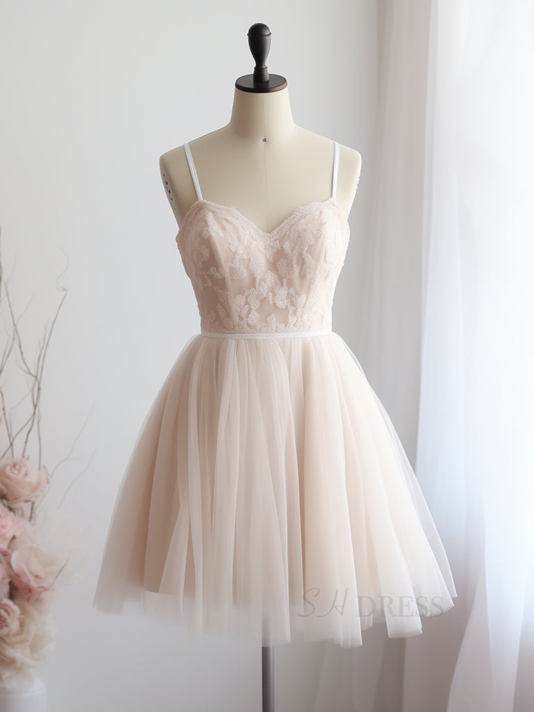 A-Line Sweetheart Neck Tulle Lace Light Champagne Short Prom Dress
