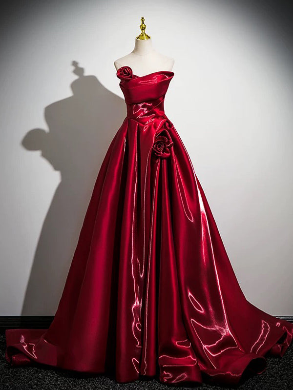 A-Line Satin Burgundy Long Prom Dress, Burgundy Long Formal Dress
