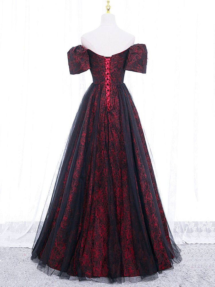 A-Line Tulle Lace Black/burgundy Long Prom Dress, Black/Burgundy Long – shdress