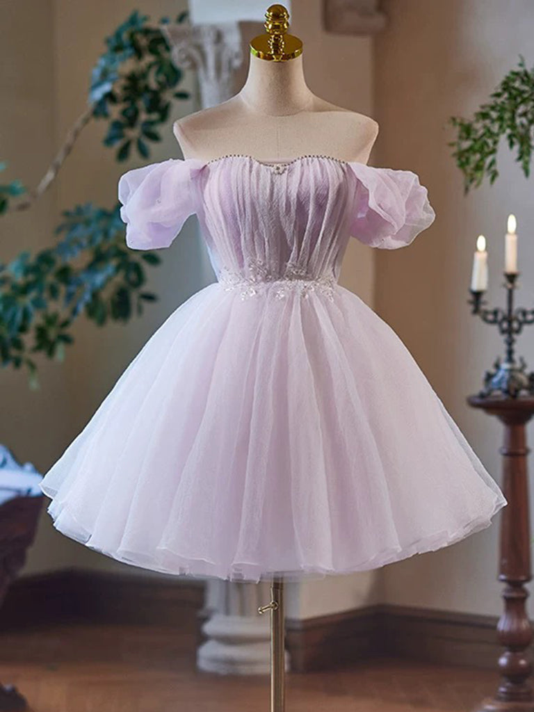 A-Line Tulle Purple Short Prom Dress, Purple Homecoming Dress