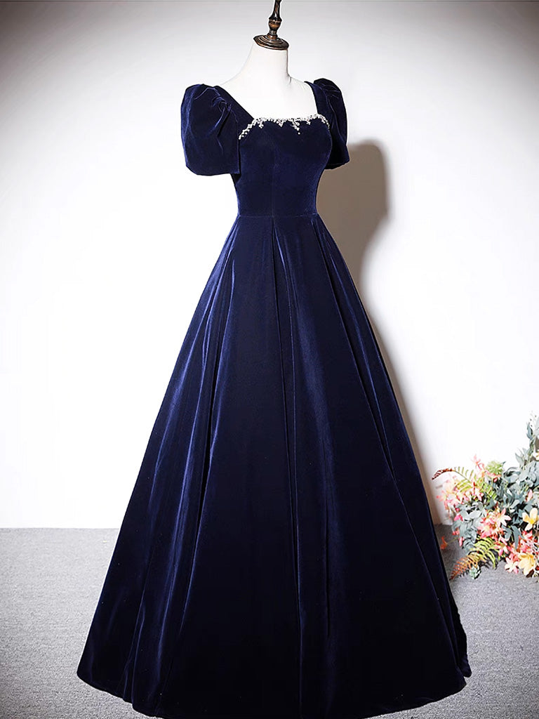 
                  
                    A-Line Dark Blue Velvet Long Prom Dress, Blue Formal Evening Dress
                  
                