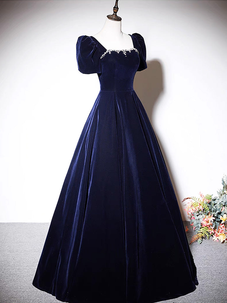 A-Line Dark Blue Velvet Long Prom Dress, Blue Formal Evening Dress shdress A-Line Dark Blue Velvet Long Prom Dress, Blue Formal Evening Dress shdress