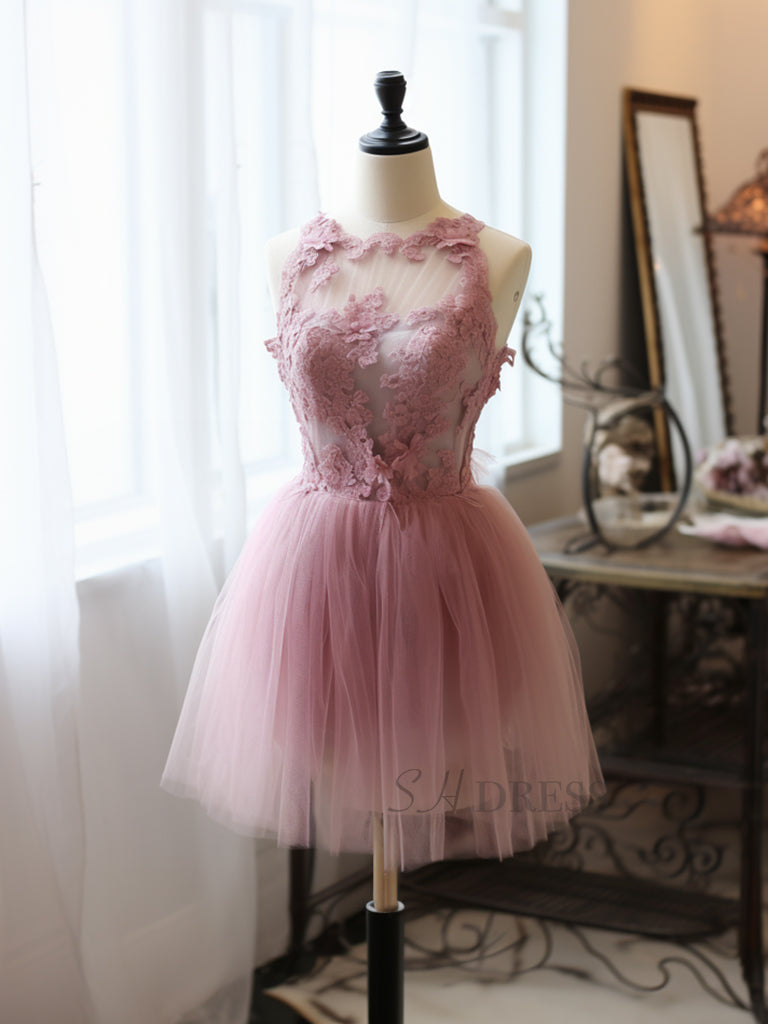 A-Line  Tulle Lace Pink Short Prom Dress, Pink Homecoming Dress