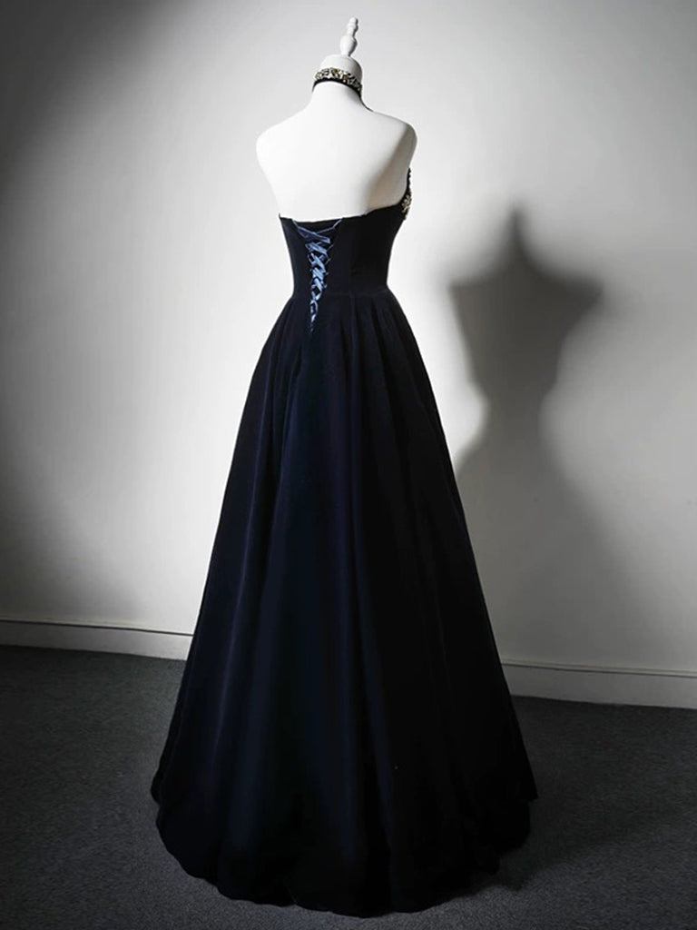 
                  
                    A-Line Velvet Dark Blue Long Prom Dress With Beads
                  
                