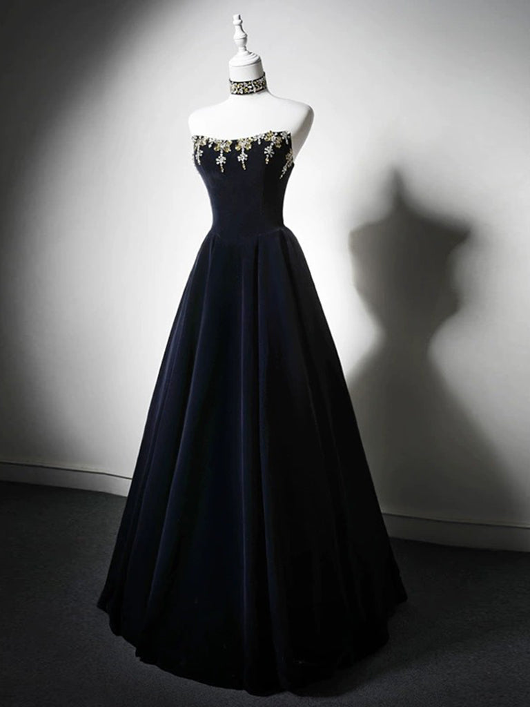 A-Line Velvet Dark Blue Long Prom Dress With Beads – shdress