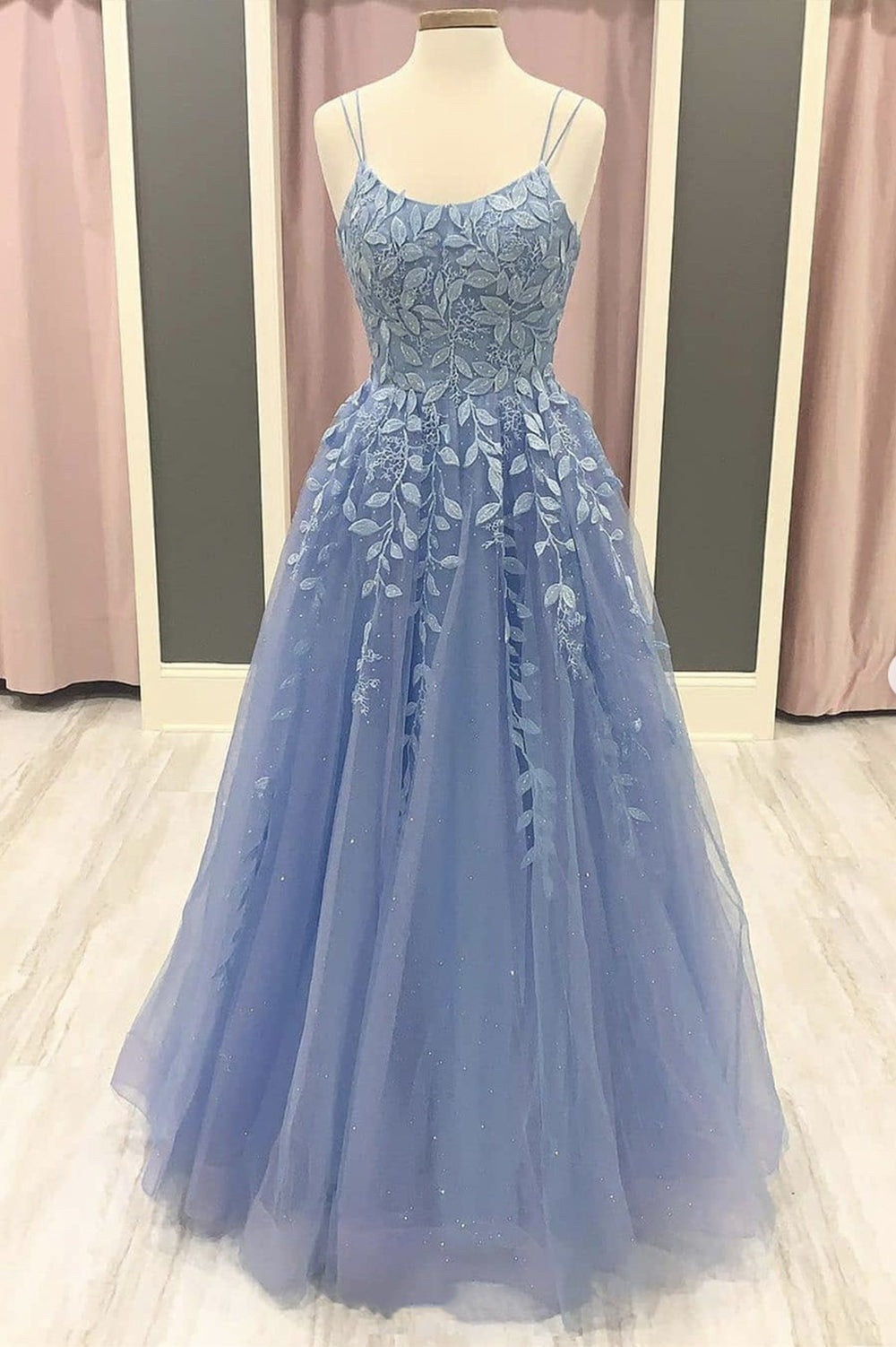 Blue tulle lace applique long prom dress lace formal dress – shdress