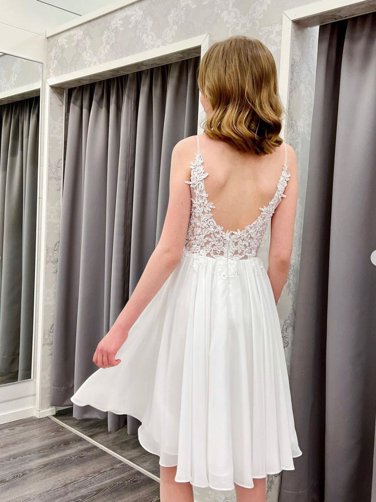 
                  
                    White chiffon lace short prom dress, whit homecoming dress
                  
                