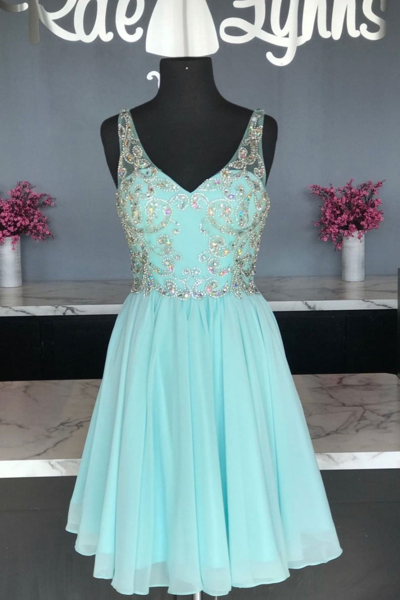 Green chiffon beads short prom dress green homecoming dress shdress Green chiffon beads short prom dress green homecoming dress shdress