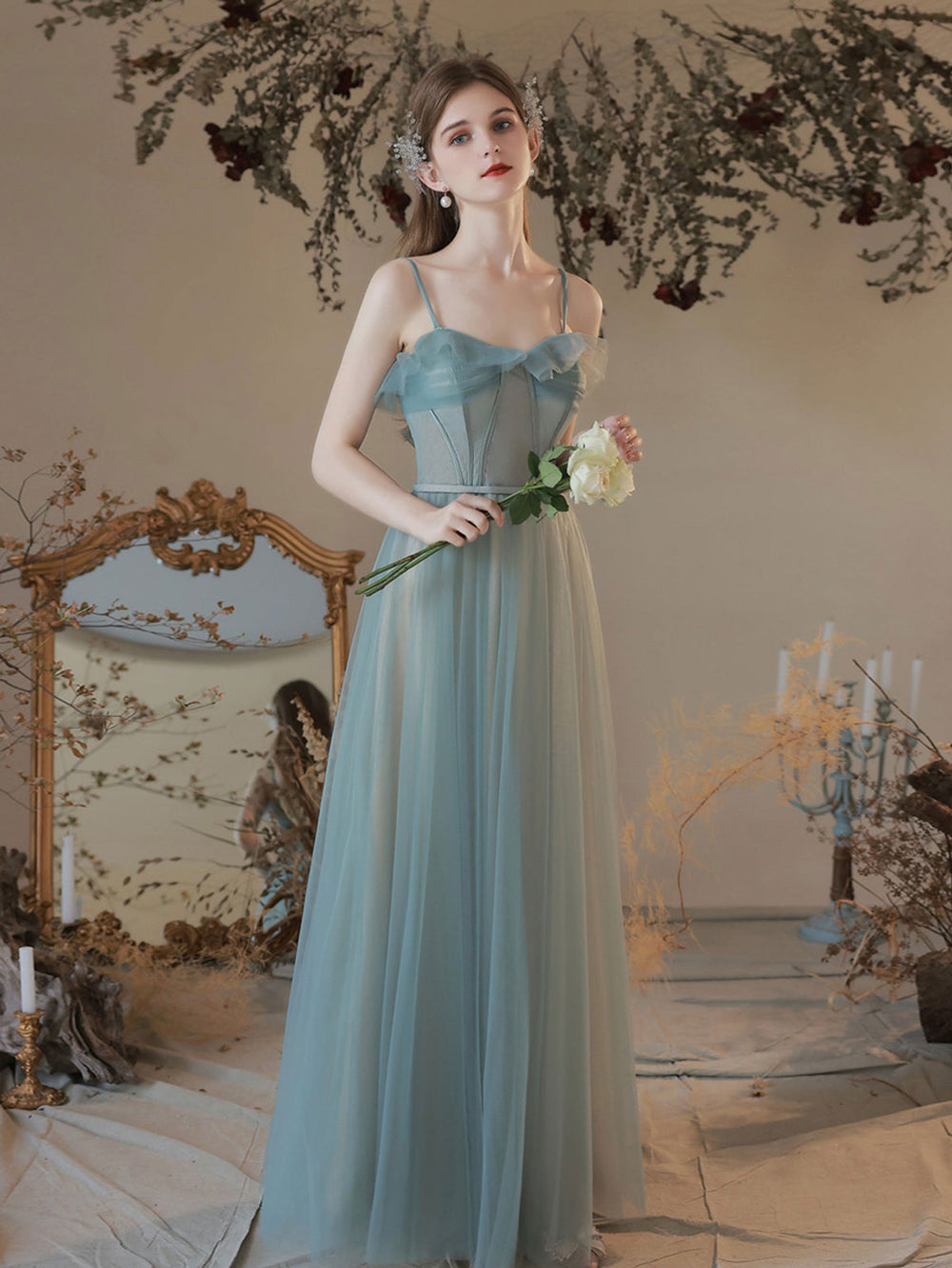 A line green tulle long prom dress green tulle formal evening dress shdress A line green tulle long prom dress green tulle formal evening dress shdress