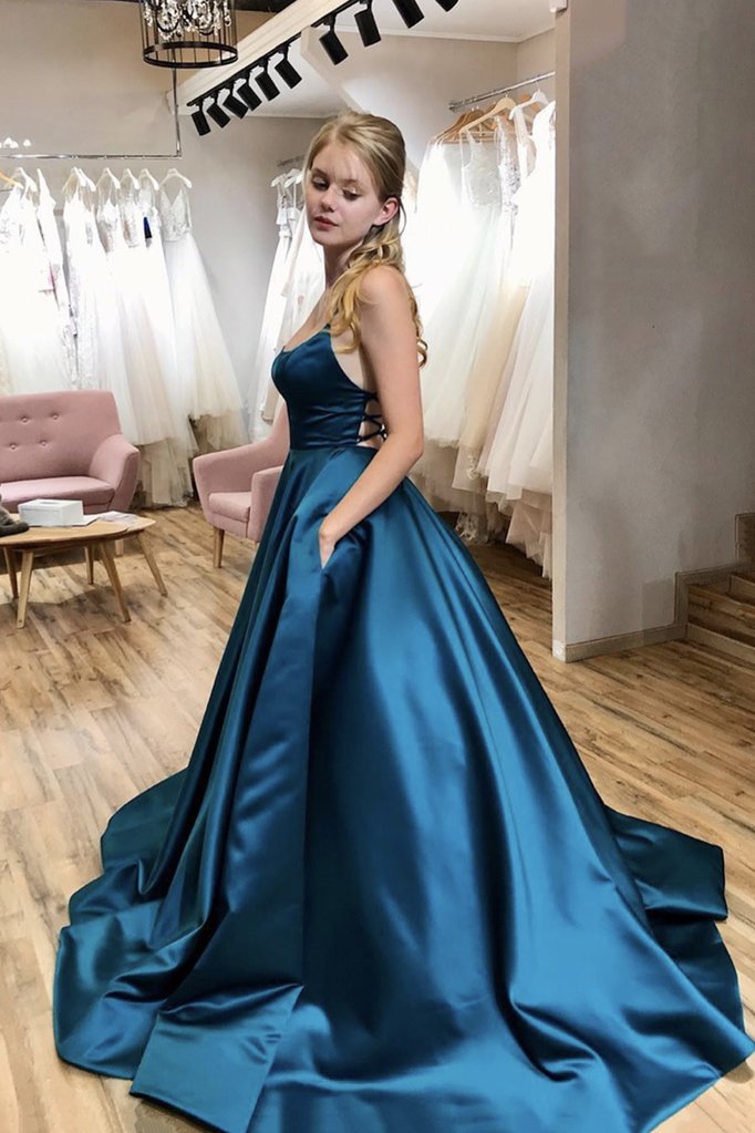 Simple blue satin long prom dress blue satin evening dress