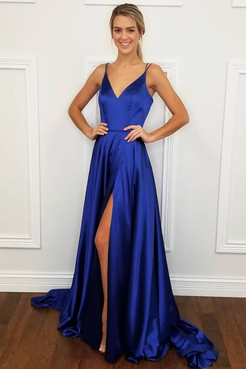 Simple v neck blue satin long prom dress, blue evening dress