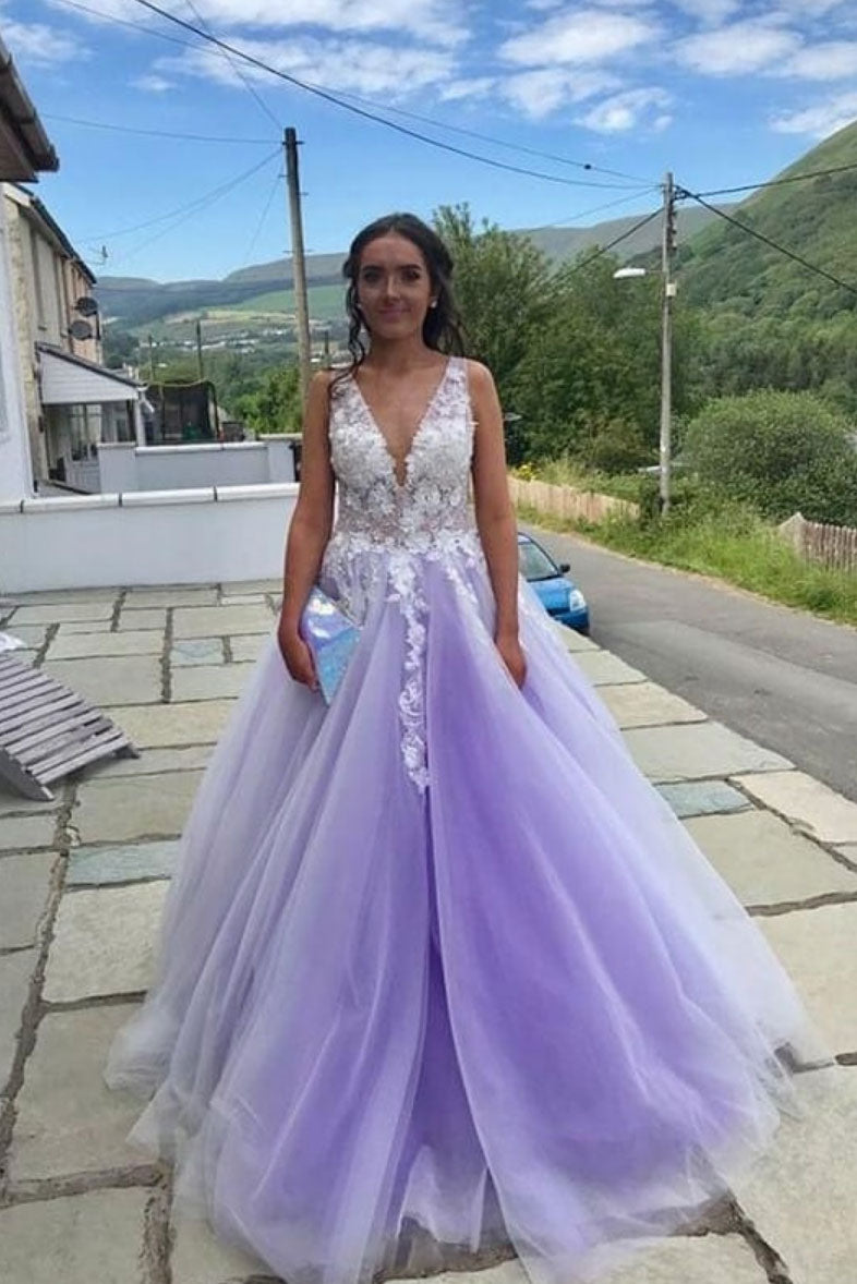 
                  
                    Purple tulle lace long prom dress, purple lace formal dress
                  
                