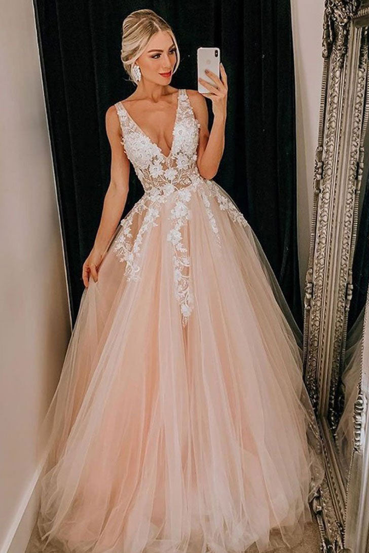 Pink v neck tulle lace long prom dress, pink formal dress