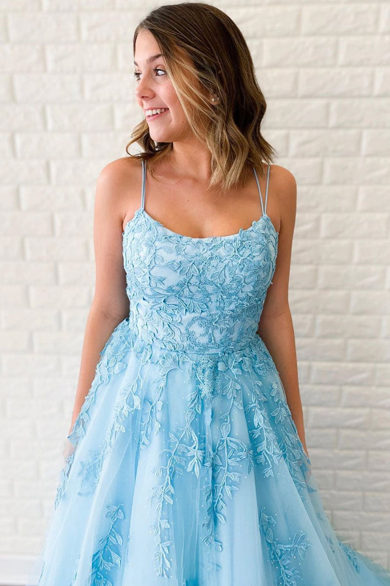 
                  
                    Blue sweetheart lace tulle long prom dress blue lace evening dress
                  
                