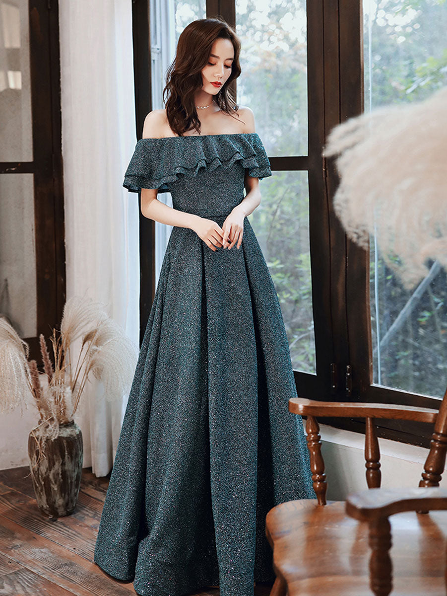 Green A line off shoulder long prom dress, green bridesmaid dress shdress Green A line off shoulder long prom dress, green bridesmaid dress shdress