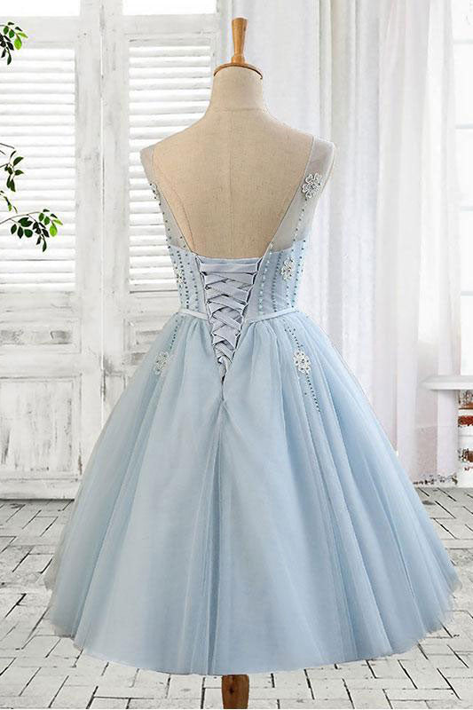 
                  
                    Light blue tulle short prom dress, blue homecoming dress
                  
                