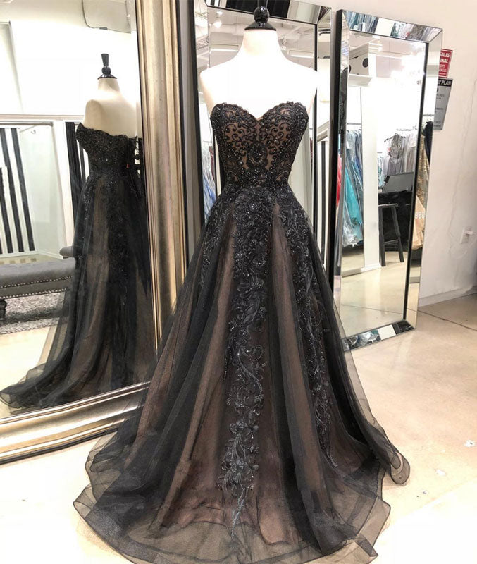 
                  
                    Black sweetheart neck tulle lace long prom dress, black evening dress - shdress
                  
                