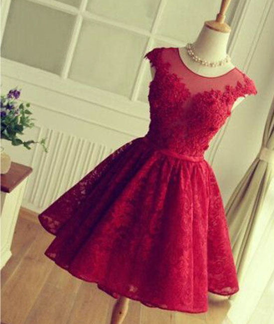 Simple round neck lace short red prom dress, bridesmaid dress - shdress