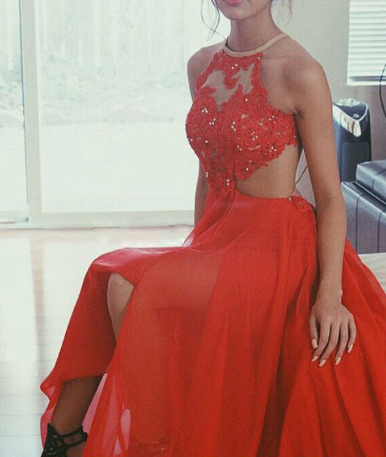 
                  
                    A-line Red Lace Backless Long Prom Dress,Evening Dress - shdress
                  
                