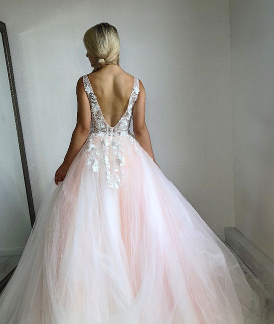 Pink v neck tulle lace long prom dress, pink evening dress - shdress