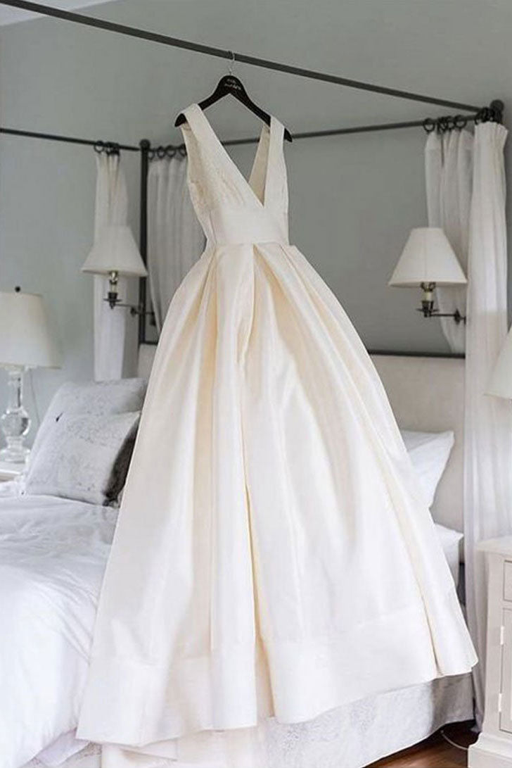 Simple white v neck long prom dress, bridesmaid dress