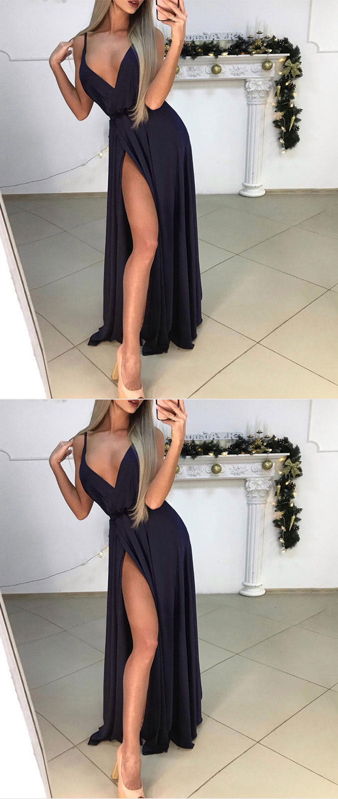 Simple dark blue v neck satin long prom dress, dark blue evening dress - shdress