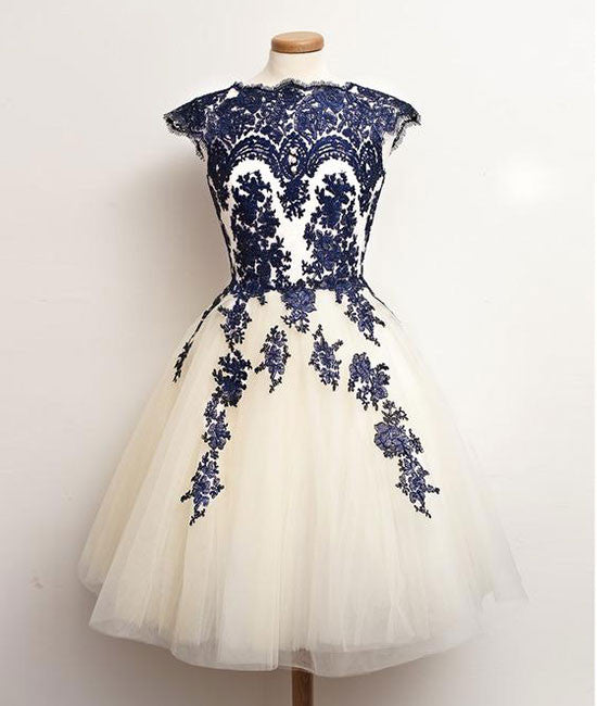 Blue Lace Tulle Short Prom Dress, Homecoming Dress, Bridesmaid Dress - shdress