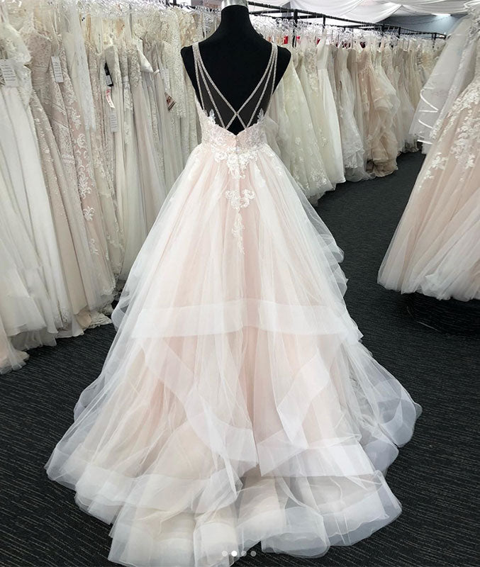 Light champagne v neck tulle lace long prom dress, wedding dress - shdress
