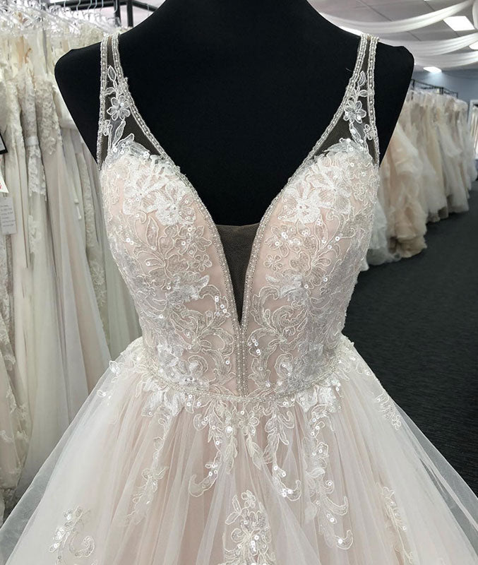 Light champagne v neck tulle lace long prom dress, wedding dress - shdress