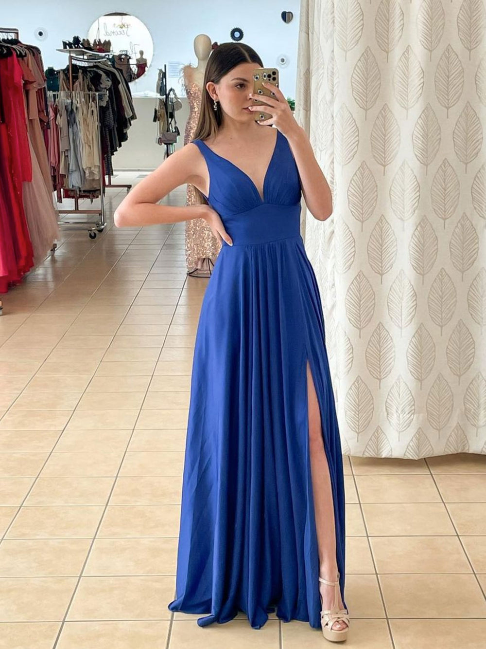 Simple v neck blue chiffon long prom dress blue long bridesmaid dress – shdress