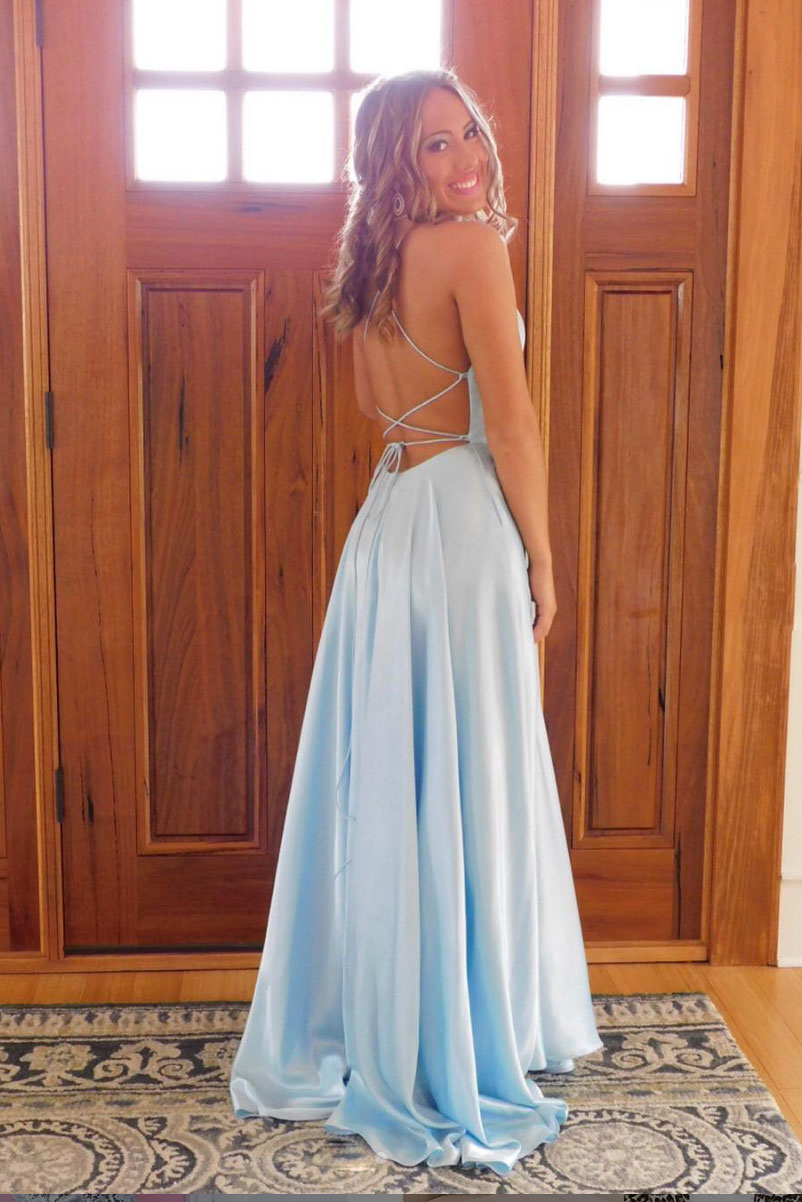 Backless Blue Long Prom Dresses, Open Back Blue Long Formal