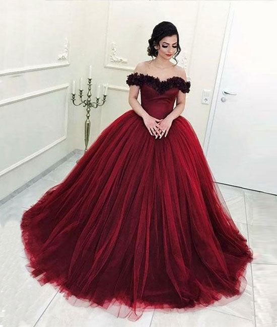 Burgundy sweetheart tulle long prom gown, burgundy evening dress - shdress