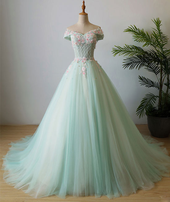 Green v neck tulle beads long prom dress, tulle evening dress - shdress