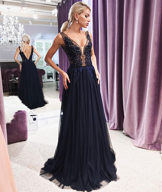 Dark blue v neck lace chiffon long prom dress, lace evening dress - shdress