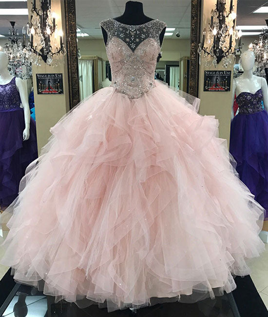 Pink round neck tulle beads long prom gown, pink sweet 16 dress - shdress