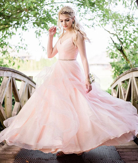 Pink v neck tulle long prom dress, pink tulle evening dress shdress Pink v neck tulle long prom dress, pink tulle evening dress shdress