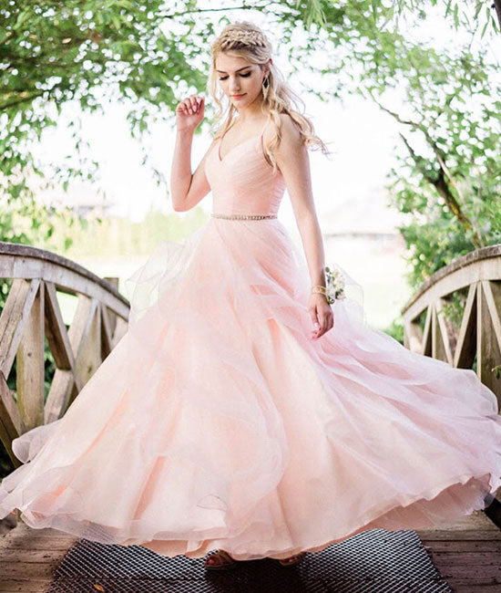 
                  
                    Pink v neck tulle long prom dress, pink tulle evening dress - shdress
                  
                