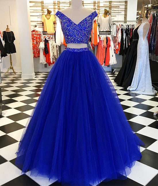 Blue v neck tulle beads two pieces long prom dress, blue evening dress - shdress
