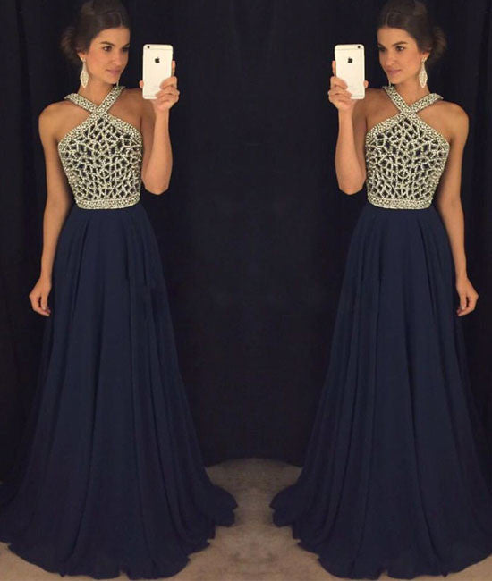 
                  
                    Dark blue beaded long prom dress for teens, dark blue formal dress - shdress
                  
                