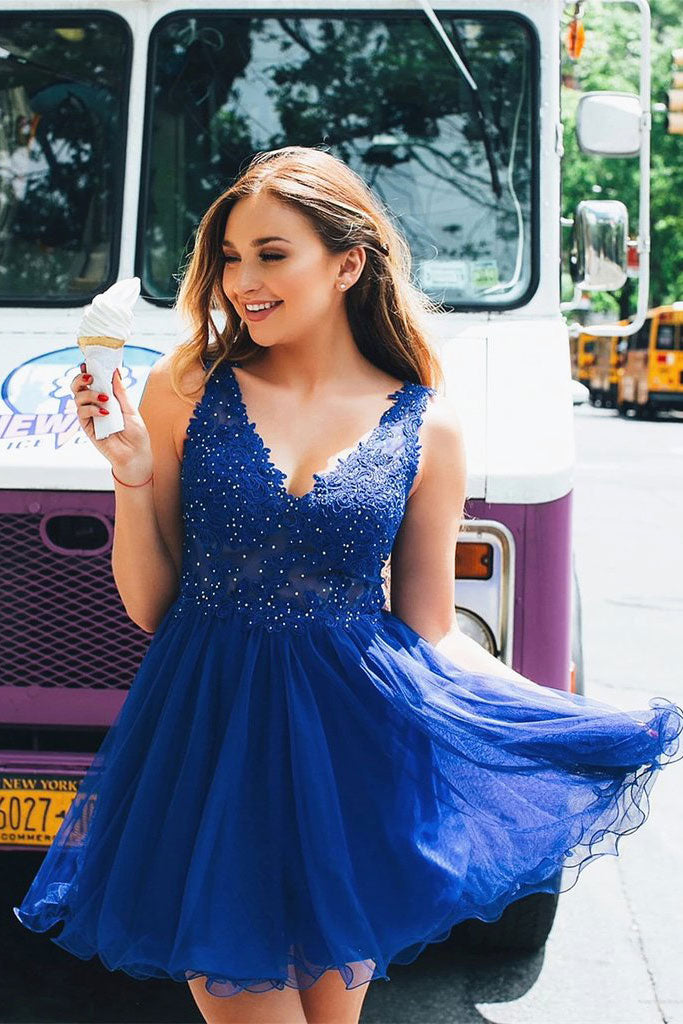 Blue v neck tulle lace short prom dress blue lace homecoming dress