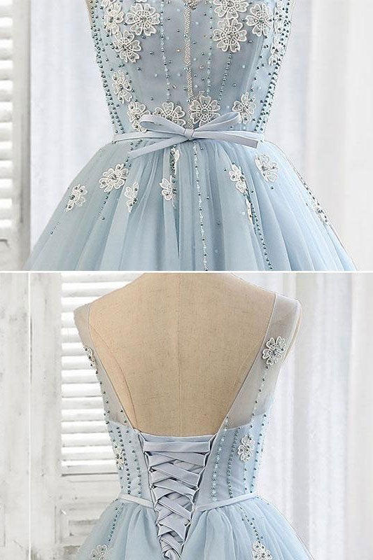 
                  
                    Light blue tulle short prom dress, blue homecoming dress
                  
                