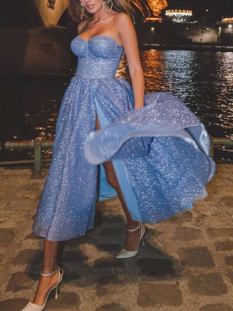 
                  
                    Blue tulle tea length prom dress, blue tulle evening dress
                  
                