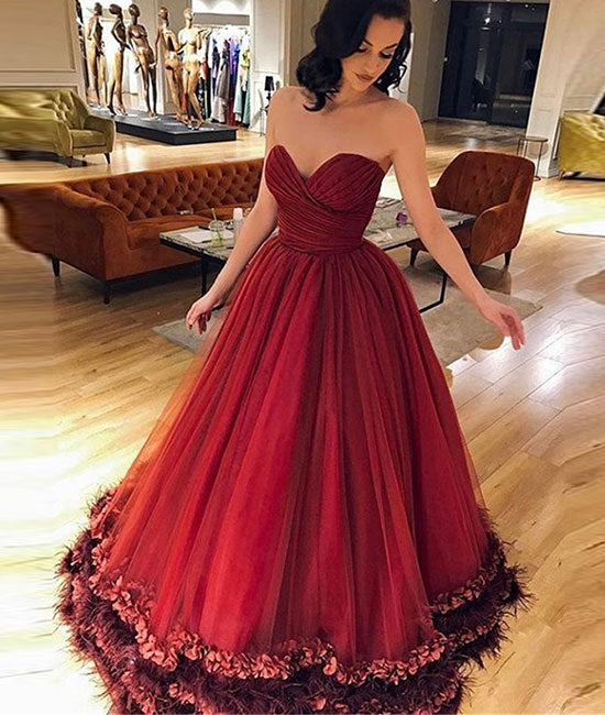 Unique sweetheart burgundy tulle long prom dress, burgundy evening dress - shdress