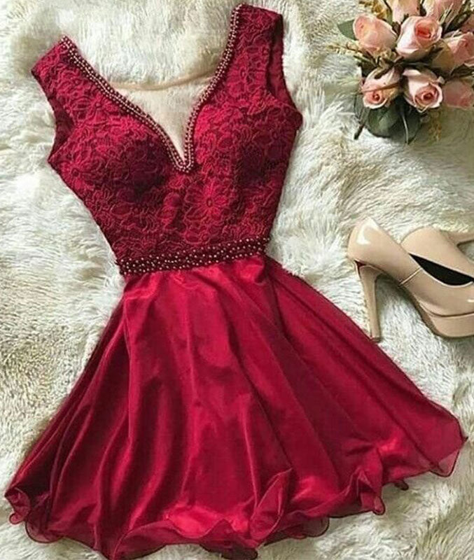 Burgundy lace chiffon short prom dress, burgundy lace short homecoming dress - shdress