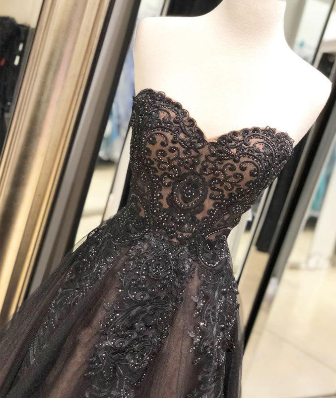 
                  
                    Black sweetheart neck tulle lace long prom dress, black evening dress - shdress
                  
                